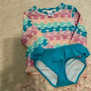 Ruffle Butts Kids Long-Sleeve Rash Guard Swim Set in Teal & Pastel Waves